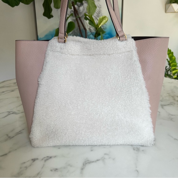 Tory Burch McGraw Shearling Fleece Fur & Leather Tote Bag Sand Beige Pink Ivory - Picture 5 of 16